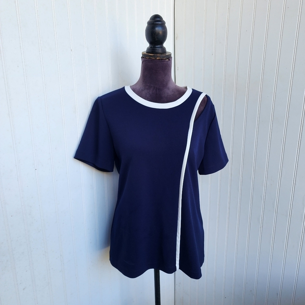 DKNY Knit Short Sleeve Stretch Minimalist Nautical Navy Blue White Stripe Sz M